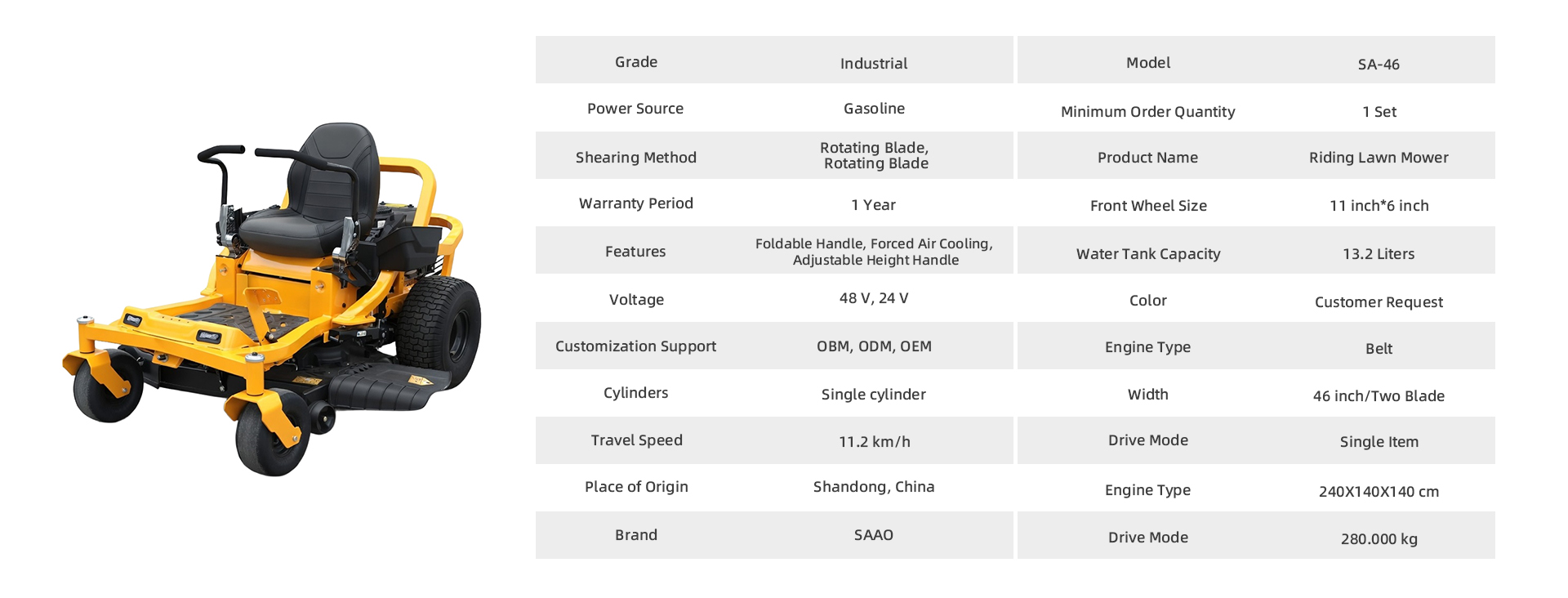 46 Ride-On Mower Specification Chart